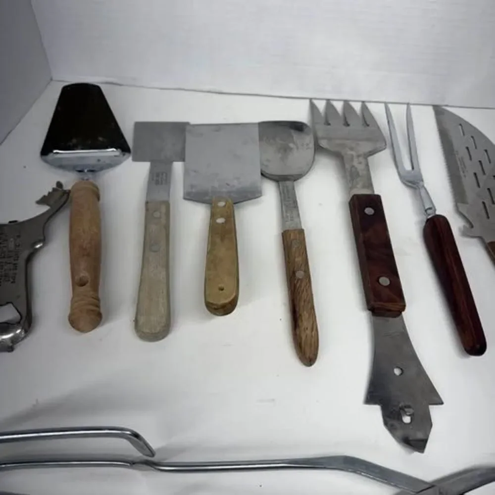 Vintage Wood Handle Kitchen Utensil Lot of 9 Stainless Steel